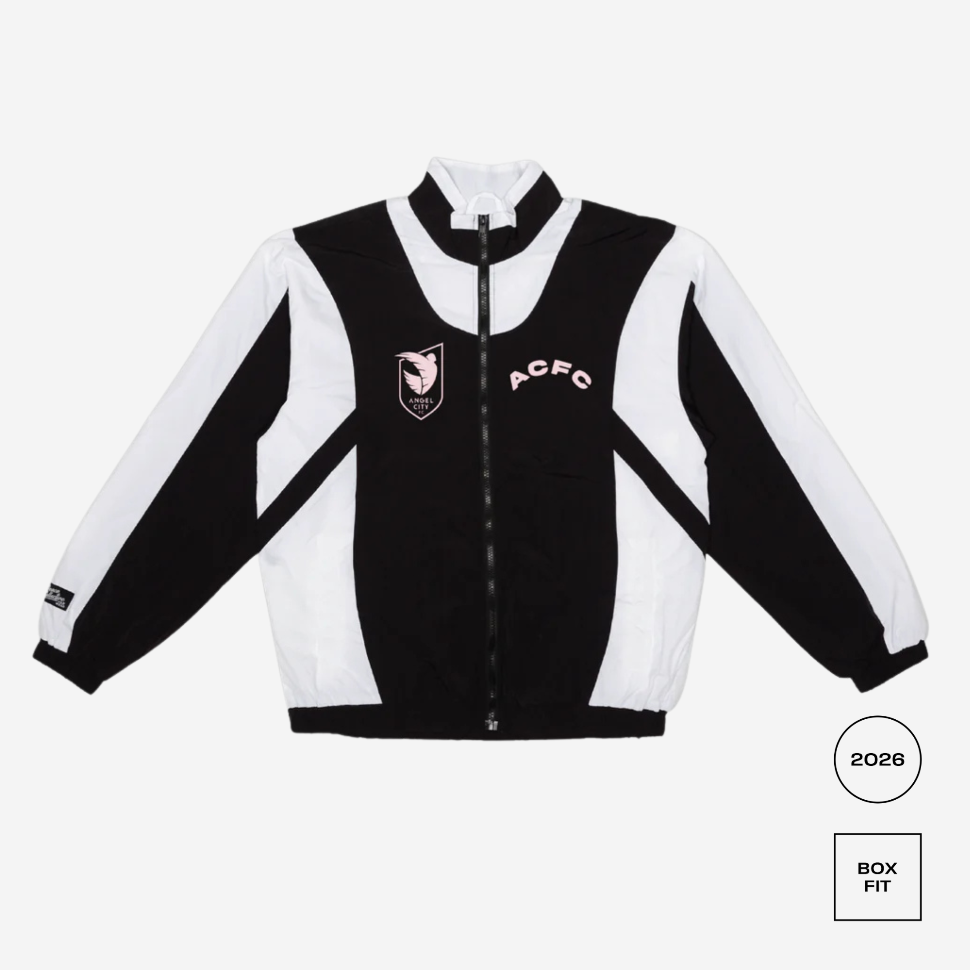 Black and white jacket with a logo on a white background