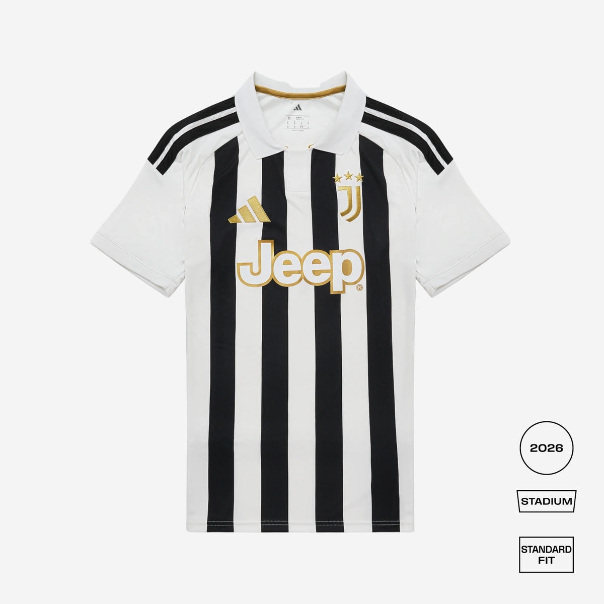 A white and black striped Juventus home soccer jersey with gold accents, featuring the Adidas logo, Juventus crest, and Jeep sponsor logo. The image is presented on a light gray background with fit and model information badges on the bottom right.