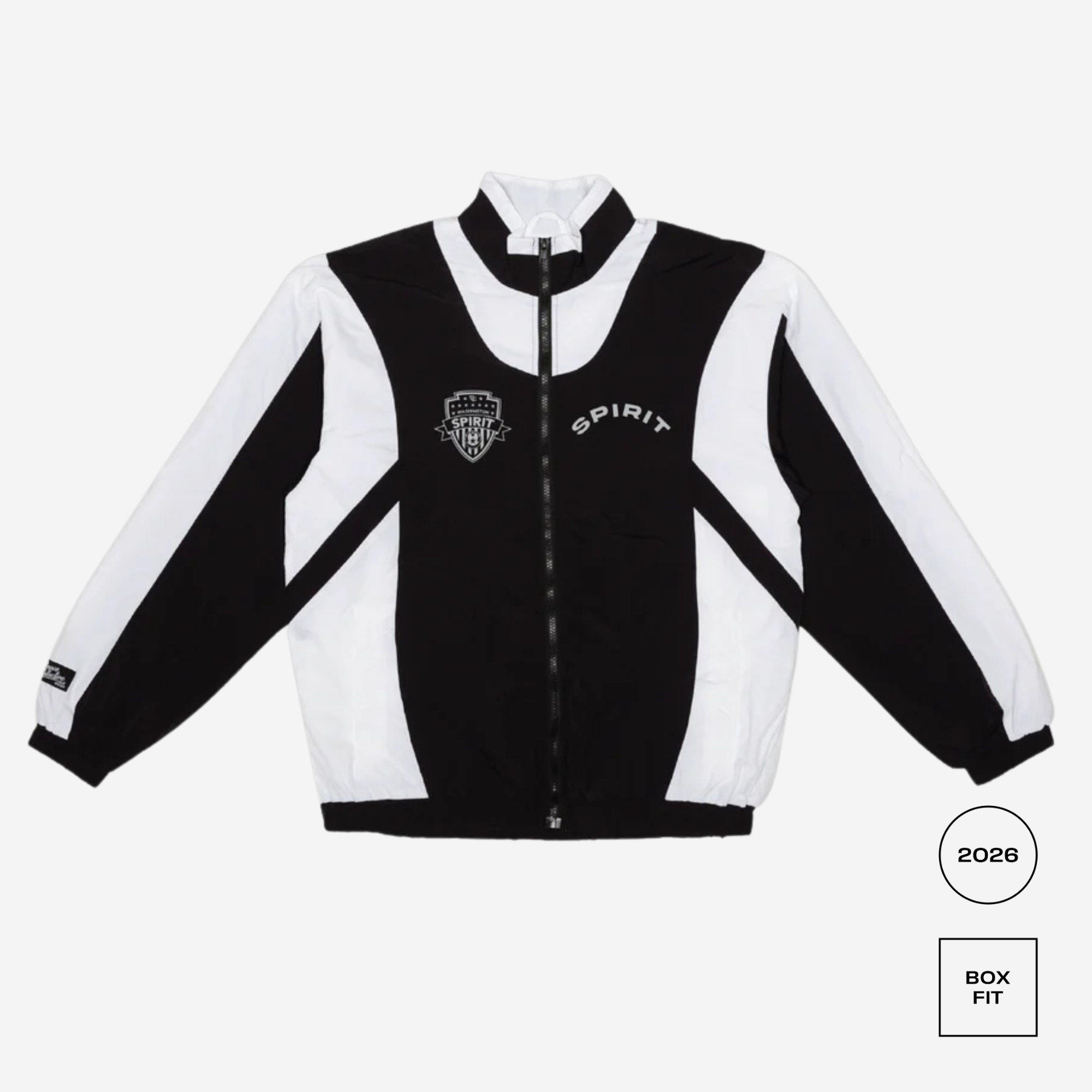 Black and white jacket with 'Spirit' branding on a white background