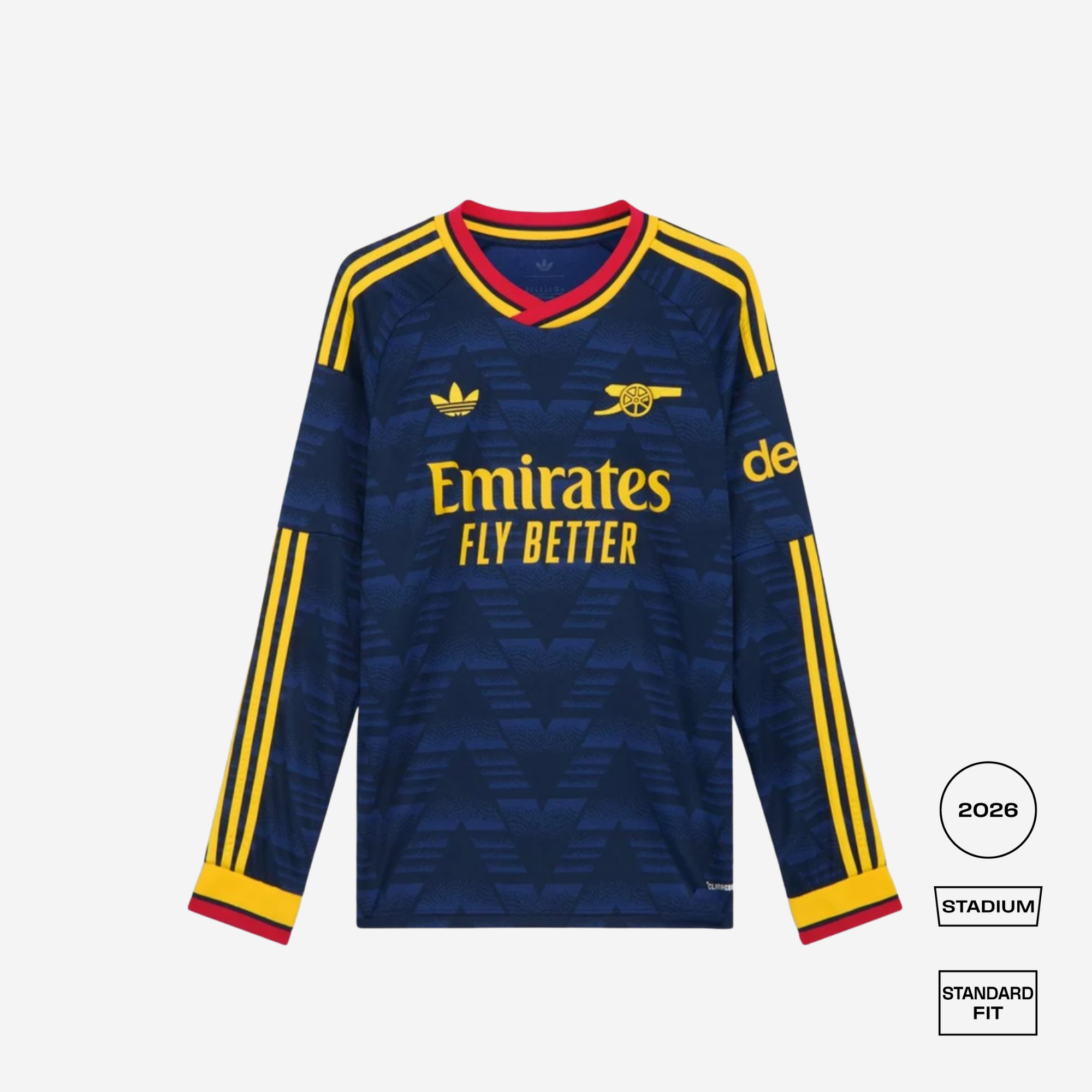 A long-sleeve Arsenal football jersey in navy blue with yellow and red accents, featuring the Adidas logo, Arsenal crest, and Emirates Fly Better sponsor text. The image is set against a light gray background with fit and year badges on the bottom right.