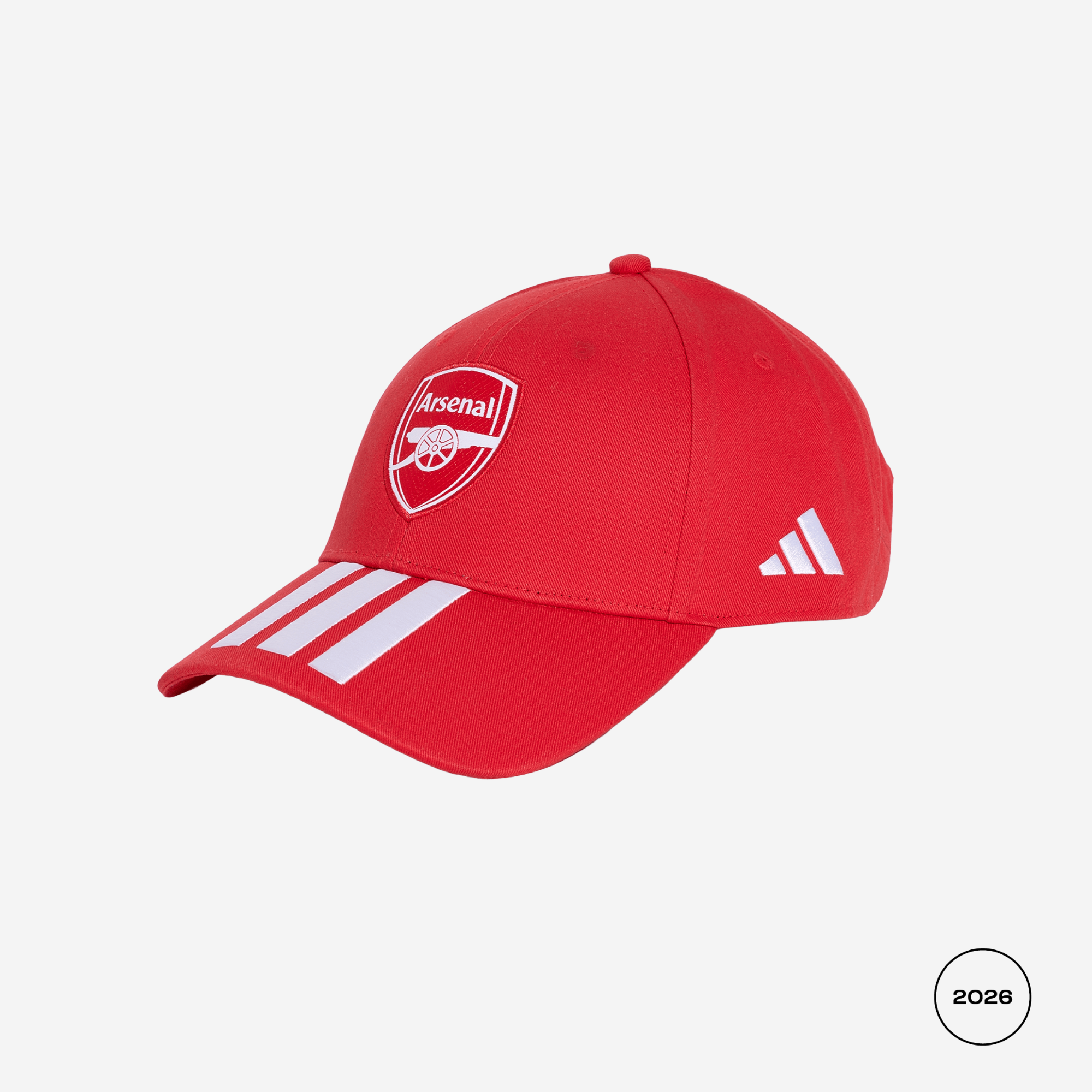A red Adidas Arsenal baseball cap with white embroidered logos and three white stripes on the brim, shown against a light gray background.