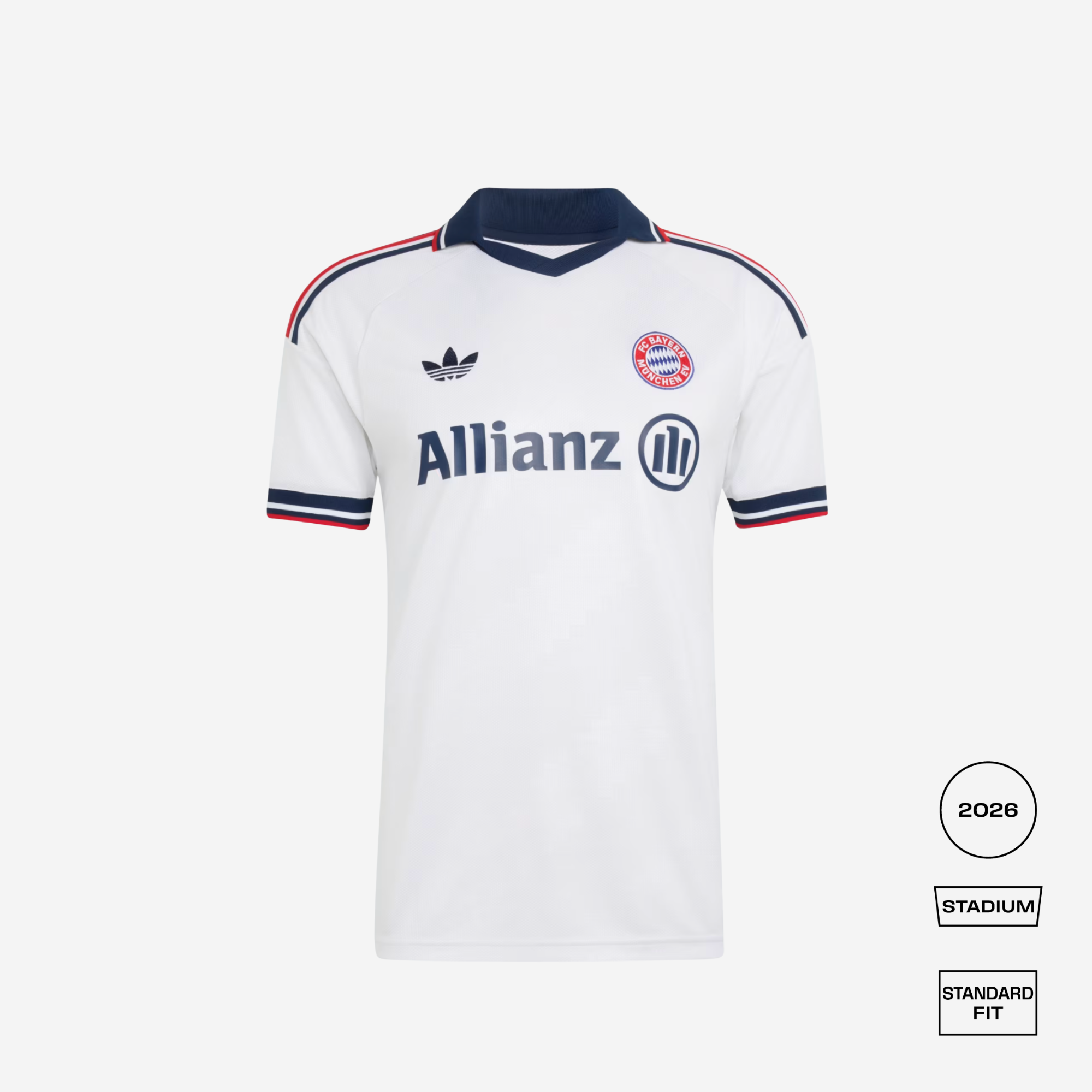 A white Adidas Bayern Munich home jersey from 2026, featuring a navy blue collar, navy and red shoulder stripes, the Adidas logo, the Bayern Munich crest, and the Allianz sponsor logo. The image is set against a light gray background with a fit indicator graphic in the bottom right corner.