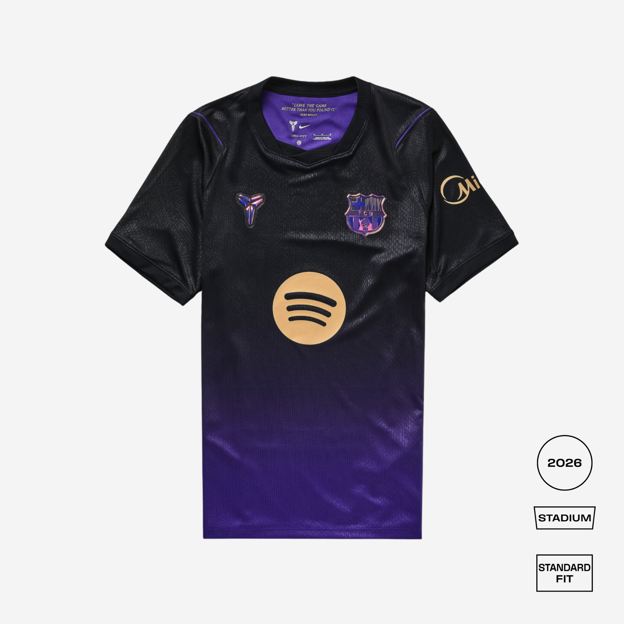 A short-sleeve FC Barcelona home soccer jersey in a black-to-purple gradient, featuring the club crest, Spotify sponsor logo, and Yacht logo, shown on a light gray background with fit/style indicators.