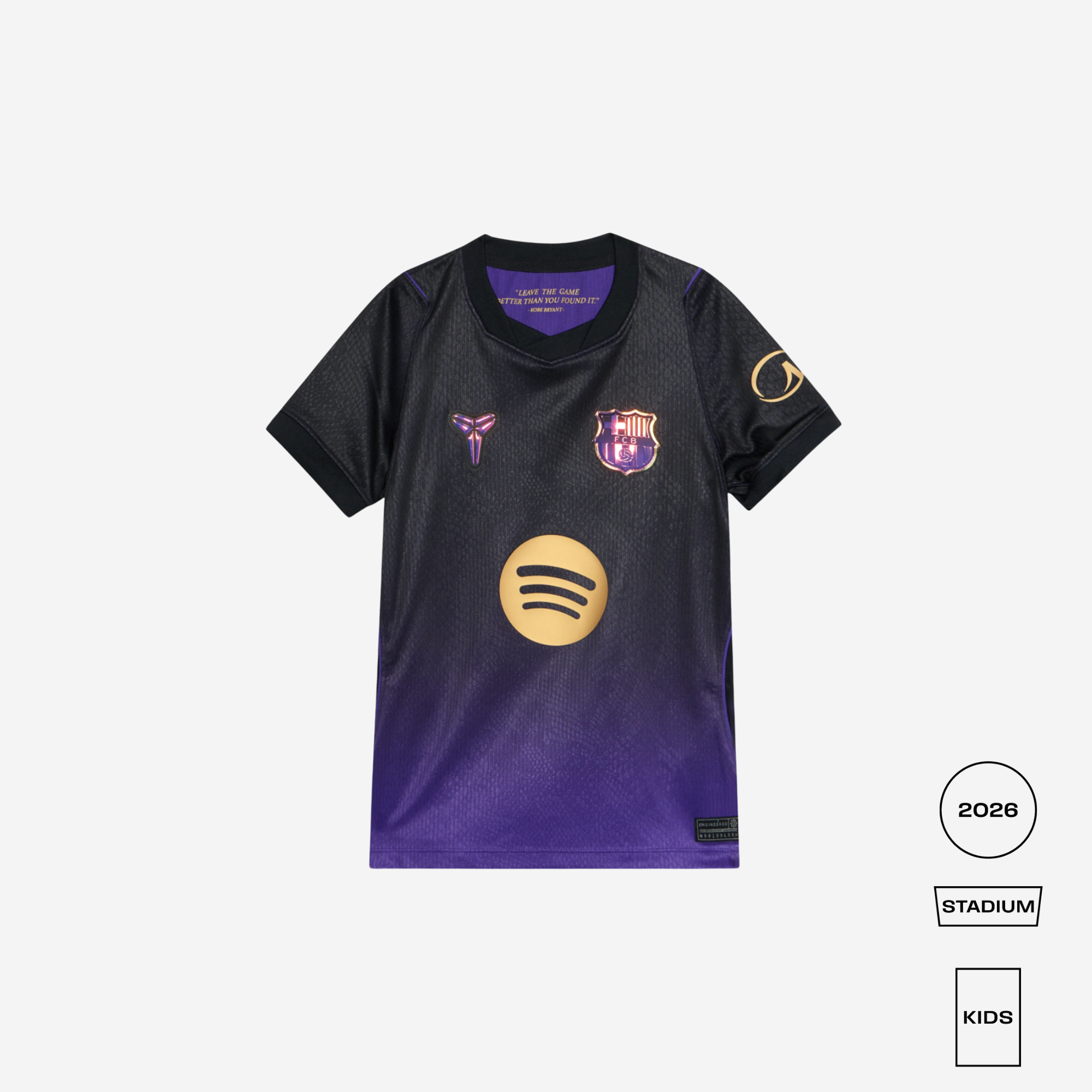 A kids' FC Barcelona home soccer jersey in a black-to-purple gradient, featuring the club crest, Spotify sponsor logo, and a purple Nike logo, displayed on a light gray background with size and edition badges.