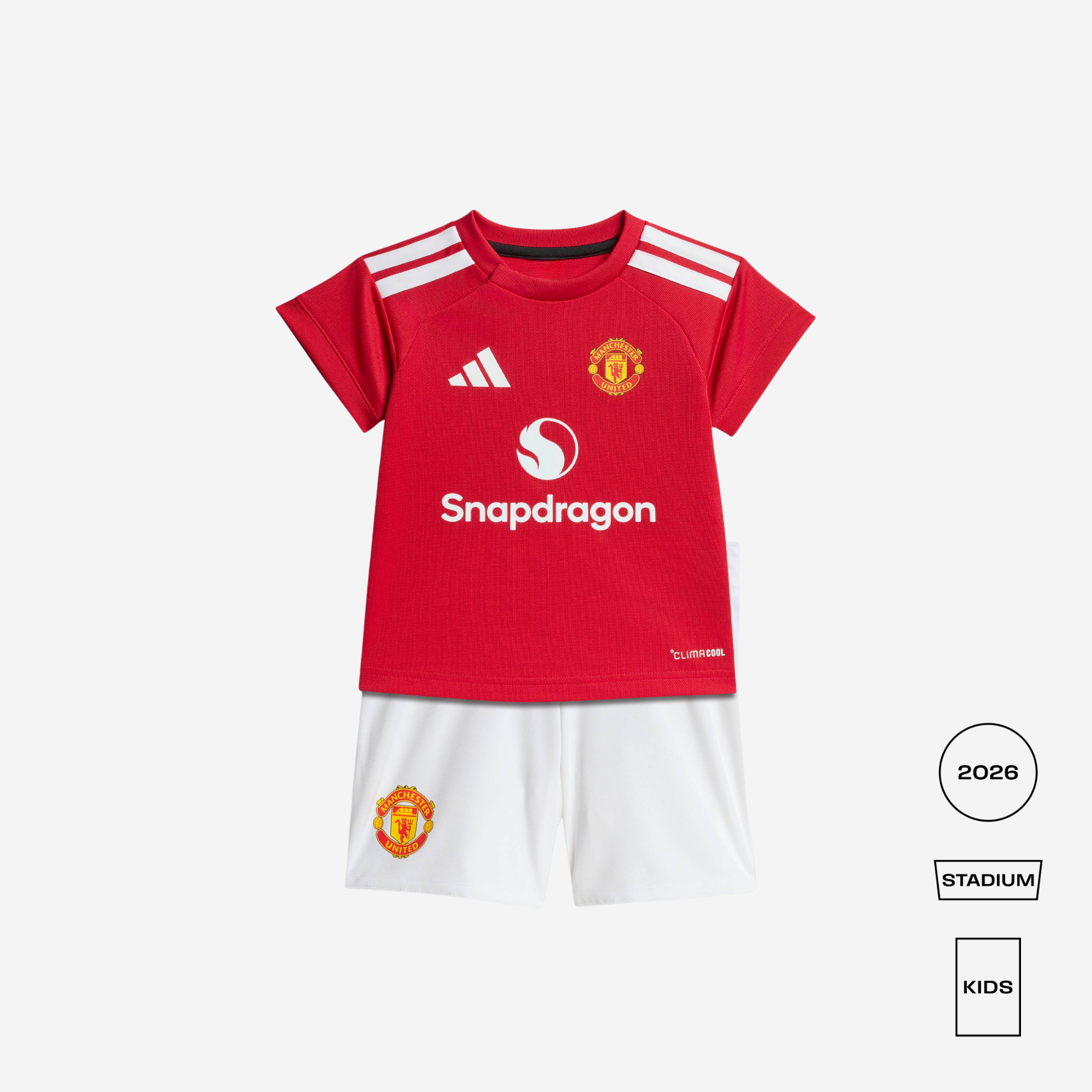 Manchester United 2026/27 home shirt, red and white, front view on background