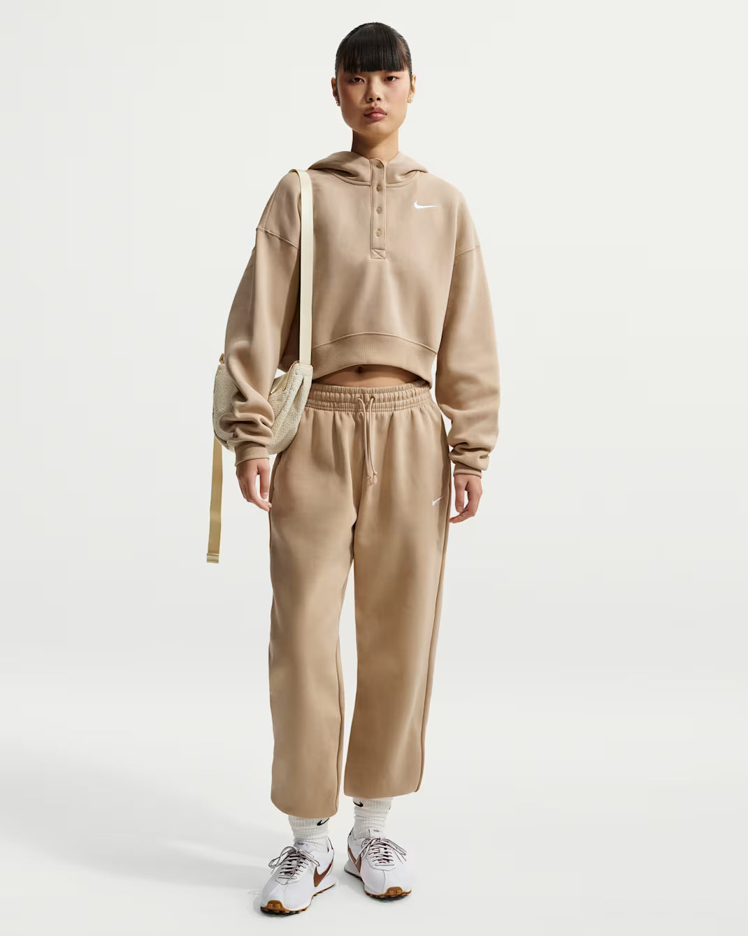 Womens Sportswear Phoenix Fleece Oversized Cropped Henley Hoodie - Brown