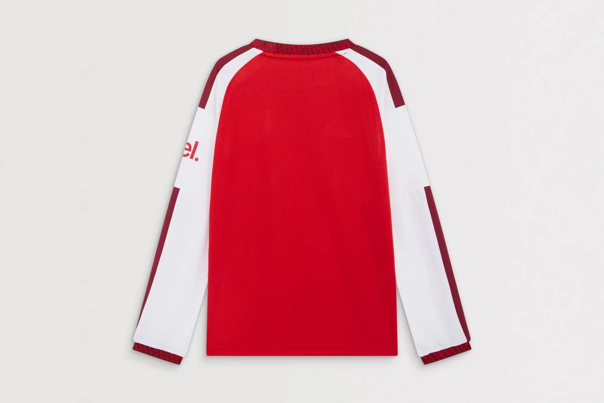 Red and white long-sleeve shirt with maroon accents on a light gray background