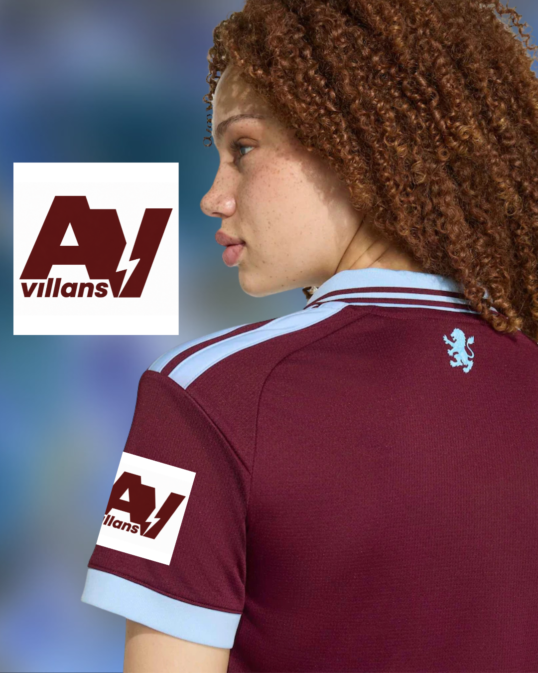 A woman shown from the back wearing a maroon and light blue sports jersey with a visible Villans logo patch on the sleeve and a Villans logo graphic overlay on the left, against a blurred blue background.