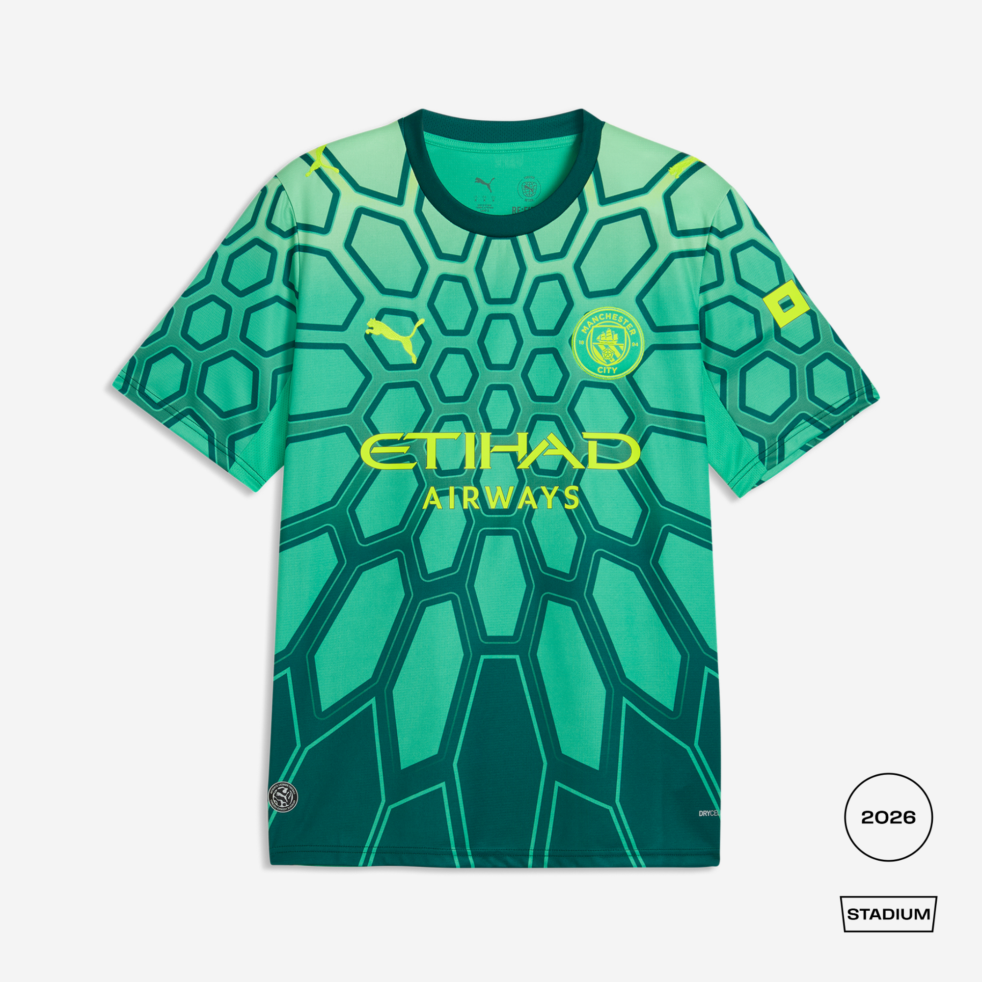 Green sports jersey with geometric pattern and 'Etihad Airways' branding on a white background