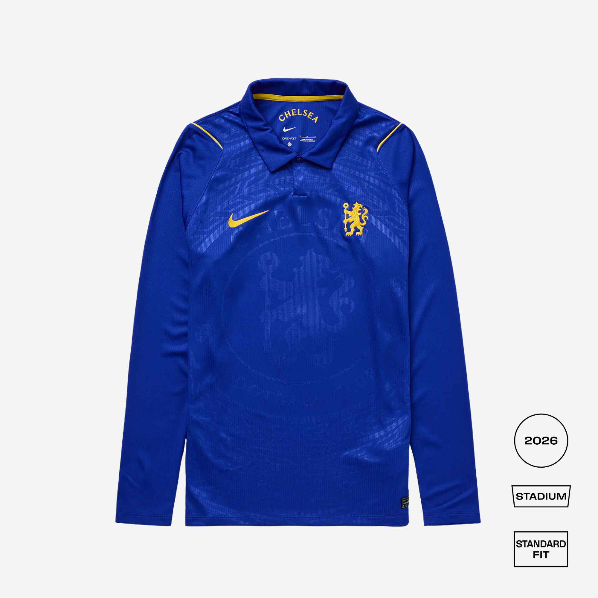 Blue sports jersey with yellow accents and a logo on a white background