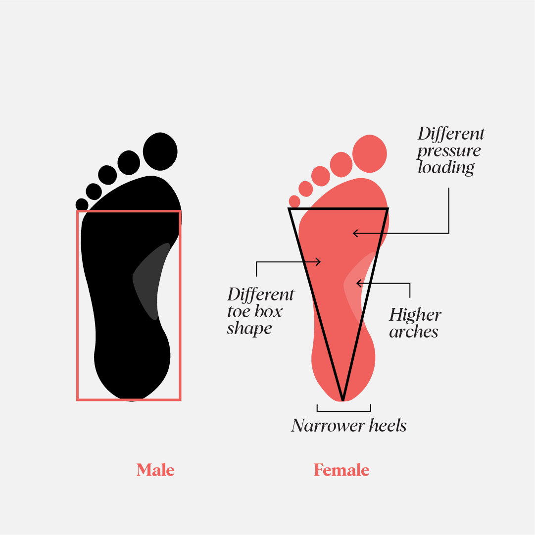 Diagram of two feet, the left is male and the right is female. The male foot has a rectangle line over top and the female foot has a triangular line overtop showing the wider toe box and narrower heel cup of the female foot.